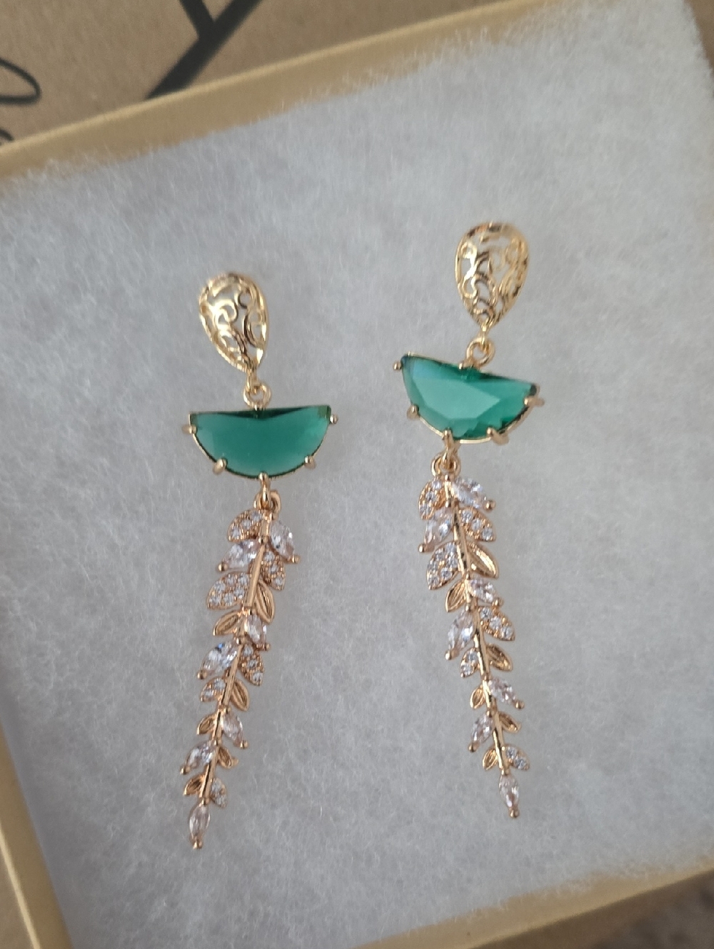 Gold-Tone Green Crystal Leaf Drop Earrings - Elegant Women Jewelry